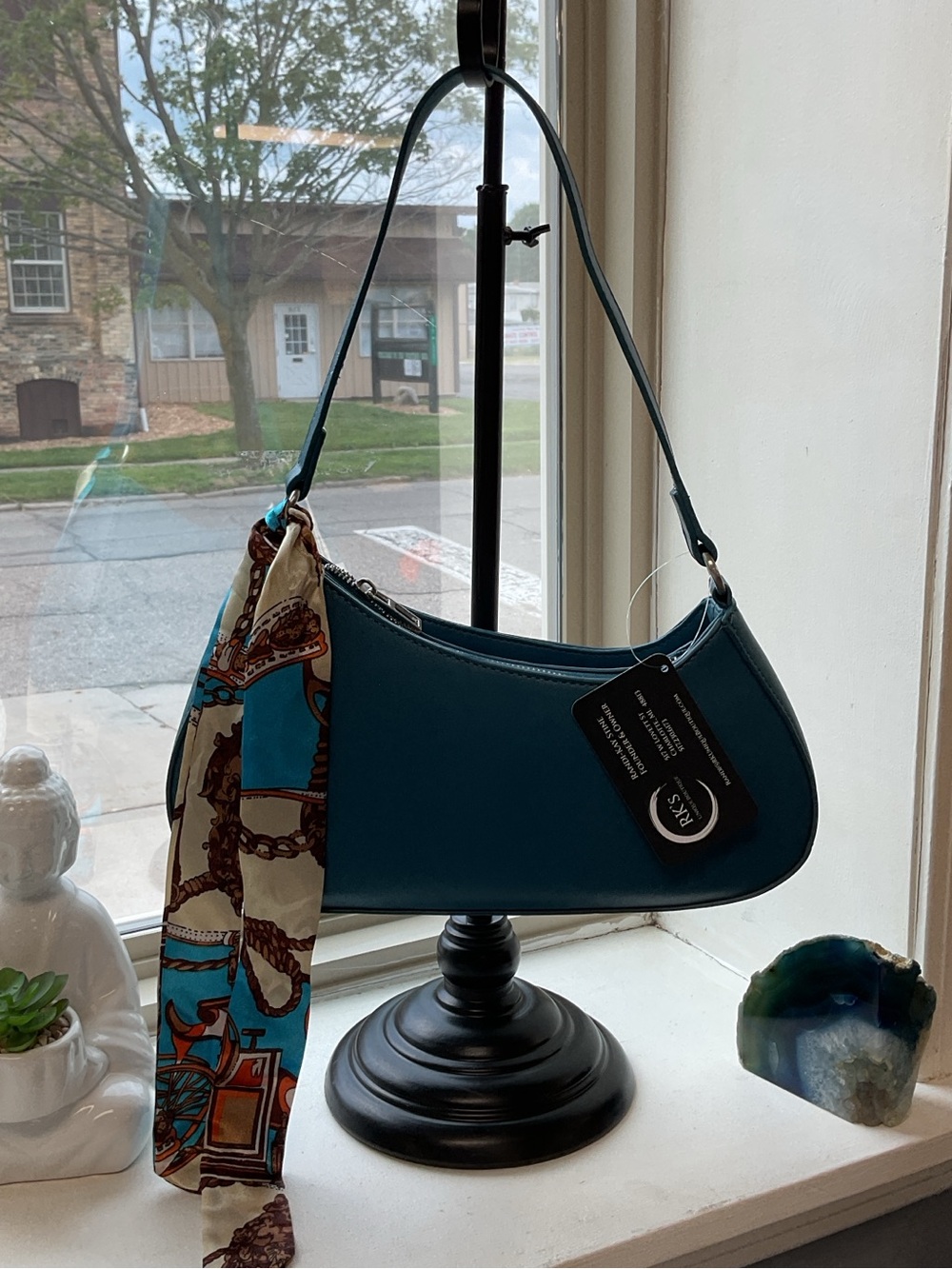 Teal Shoulder Bag with Decorative Scarf Accent